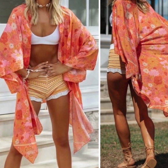 Other - SOLD OUT Orange Boho Floral Print Short Kimono Coverup Wrap